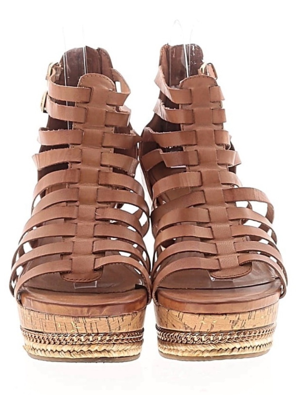 Women’s Tan Strappy Platform Wedge Sandals - Adjustable Ankle Buckle